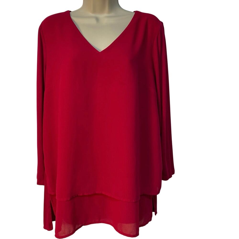MICHAELMicharl Kors Red Layered‎ long Sleeve V Neck Blouse Med Pre-Owned